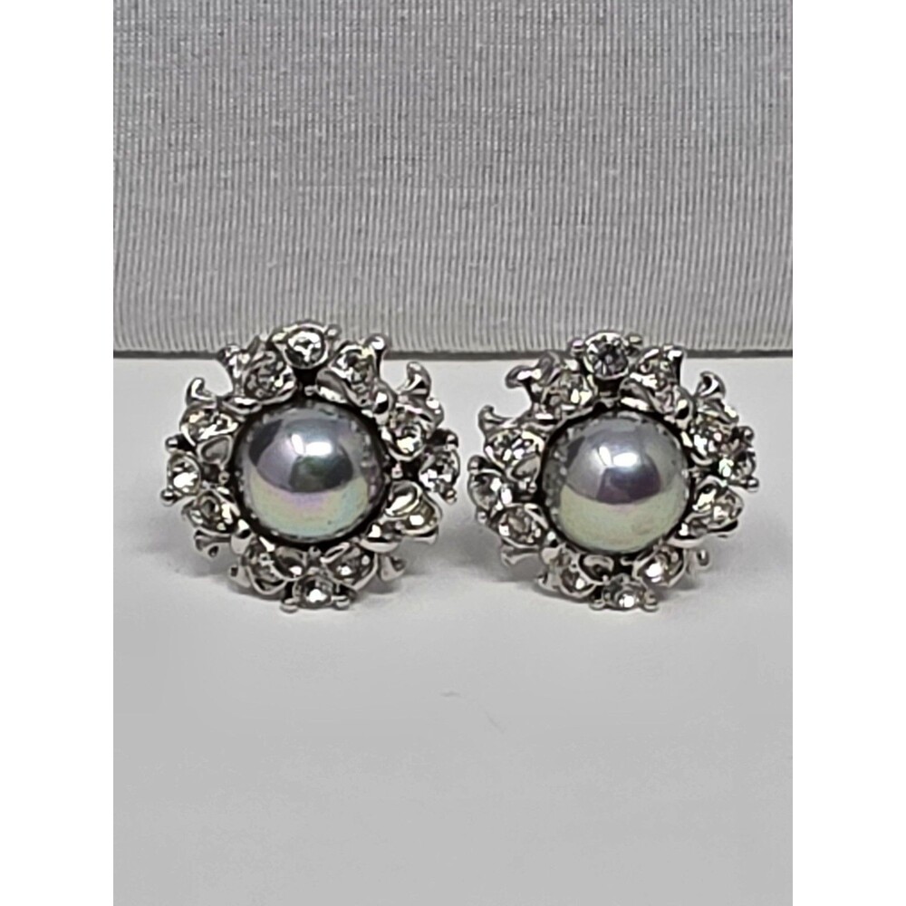Vintage Parklane PCI Faux Pearl Rhinestone Clip Earrings Silver Tone Bridal Halo
